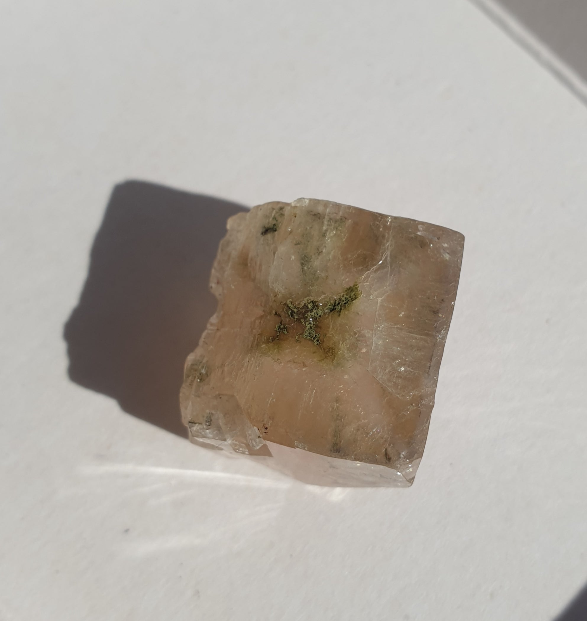 Apophyllite "cube" with unique moss inclusions & pink center